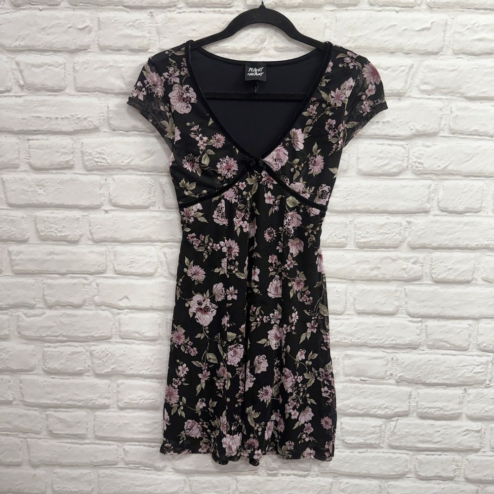 Planet Heart Y2K Black Floral Babydoll Slip Dress Sz Small Romantic Velvet Trim - Picture 6 of 15